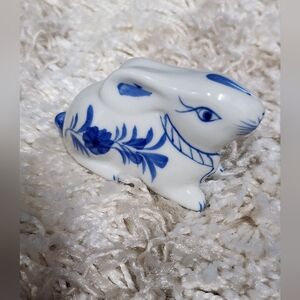 Ceramic Bunny Rabbit Trinket Easter Decor Handpainted Blue White Porcelain